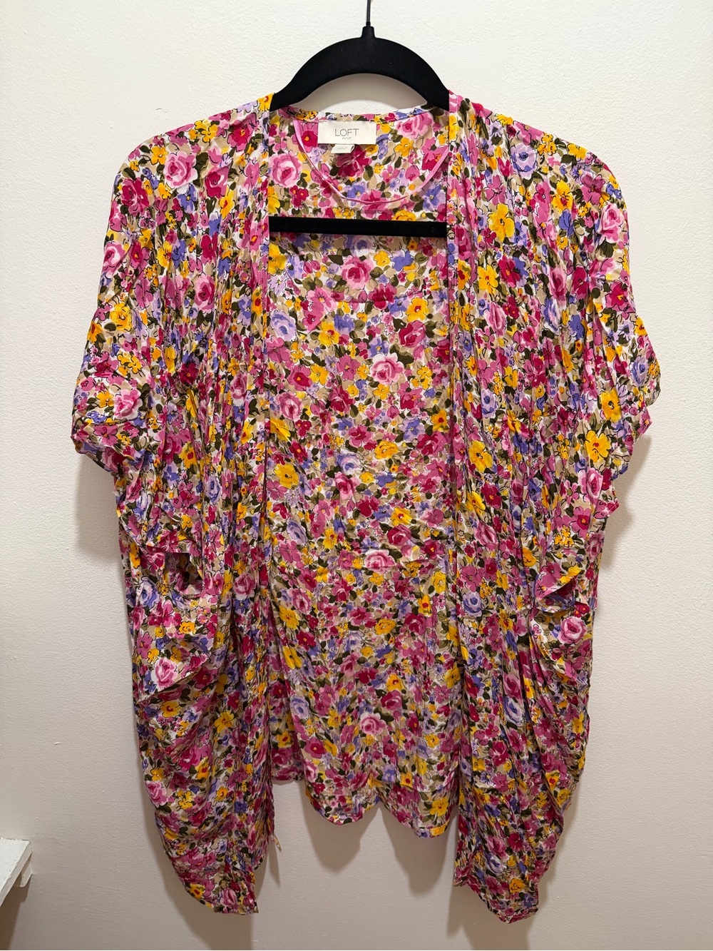 LOFT Pink and Yellow Floral Open-Front Kimono